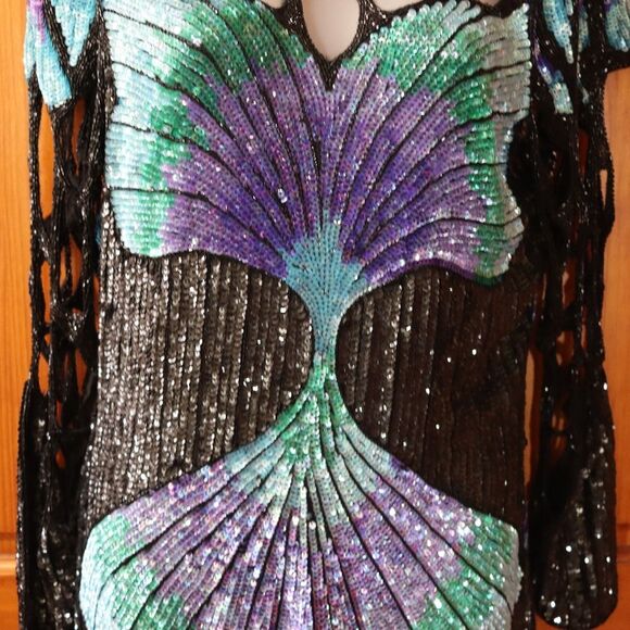 Vintage 80s Silk Sequin Peacock Butterfly Evening Gown Maxi Dress - Picture 14 of 16